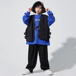 Стадия ношения подростка Kpop Street наряды детская одежда хип -хоп черный жилет Blue Stuthstir