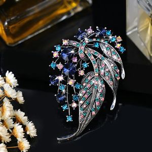 Rainbow Crystal Flower Brosches for Women Silver Color Rhinestone Alloy Plant Brooch Safety Pins