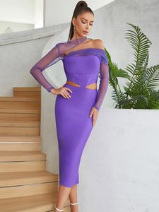 Casual Dresses Sexy Women Long Sleeve Asymmetrical Corset Bandage Elegant Gown Mesh Patchwork Bodycon Celebrity Birthday Party Dress