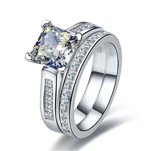 Bandringen TRS102 Luxury -kwaliteit 2 Princess Cut NSCD Synthetische Gem Engagement Ring Set voor Women Wedding Bridal 230523