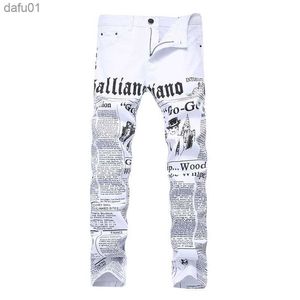 Jeans masculinos Jeans masculinos Homens retos Slim Fit Skinny White Color Letter Impresso Moda Male calça jeans Drop L230520