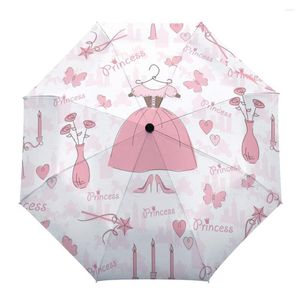 Regenschirme Kleid Kleidung Rosa Blumen Geometrische Kreative Regenschirm Regen Frauen Automatische Drei Falten Winddichte Sonnenschirm Parapluie