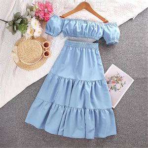 Girl Dresses Clothes Set Little Child Big Kids Girls One Shoulder Short Sleeved Tops Pleated Long Skirt Summer Solid Shirt Legging