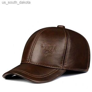 Ball Caps New 2023 Spring/Winter Man Genuine Leather Baseball Caps Male Casual Cowhide Belt Ear Warm 56-60 Adjustable Sprot Flight Hats L230523