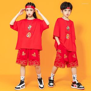 Stage Wear Abbigliamento hip-hop in stile cinese retrò per bambini T-shirt oversize Pantaloncini estivi con cinturino con stampa superiore per ragazza Ragazzo Abiti da ballo di danza jazz