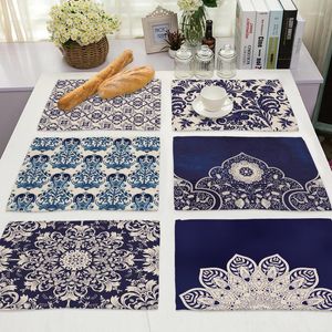 Table Mats Blue Mandala Persian Kitchen Placemats For Coffee Western Cotton Linen Drink Accessories 42x32cm