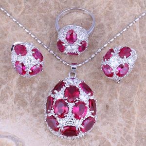 Necklace Earrings Set Excellent Red Cubic Zirconia Silver Plated Pendant Ring Size 5 / 6 7 8 9 10 S0241