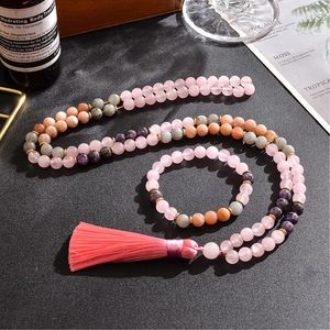 Halsband 8mm Amethyst Sun Stone Rose Quartz Beaded Necklace Set Meditation Yoga Jewelry 108 Japa Mala Women Charm Tassel Rosary