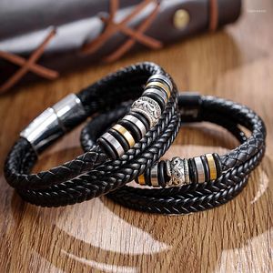 Charm Bracelets Vintage Hand-woven Multi-layer Magnetic Stainless Steel Men's Leather Braided Bracelet Fashion Man Jewelry Wholesale