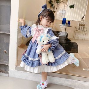 Mädchenkleider Japanische Gothic Lolita Damen Schleife Bär Spitze Blau Langarm Prinzessin Kleid Halloween Kostüm Geschenk für Mädchen G220523