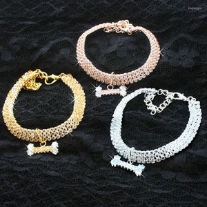 Abbigliamento per cani Accessori per gioielli di lusso Articoli per animali domestici per gatti Scintillanti 3 file Collana con strass Collana con gemme Ciondolo in osso Vai con i vestiti