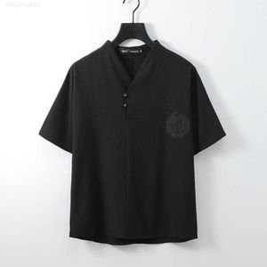 中国スタイルのコイルバックルトレンドエスニックコットンリネンハーフVネックトップを備えた夏のメンズ半袖Tシャツ