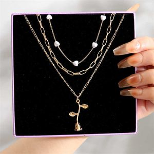 Pendant Necklaces 2022 Pearl Rose Vintage Heart Multi layered Gold Punk Short Fat Chain Necklace Women's Trend Jewelry G220524