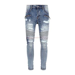 Дизайнерская одежда Amires Jeans Джинсовые брюки Amies Jeans Мужская мода Бренд Голубой бык Mx2 Вымытый Изношенный мотоцикл Отверстие для сращивания Slim Fit High Street Брюки Distresse