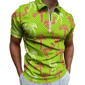 Erkek polos flamingo kuş gündelik polo gömlekler yeşil ve pembe çizgili tişörtler erkek kısa kollu özel gömlek moda büyük boy kıyafetler