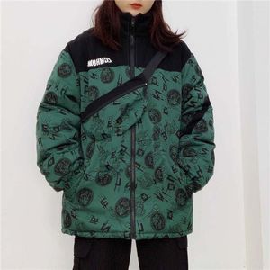 여자 트렌치 코트 패션 만화 인쇄면 바람림 자 재킷 Zip Jackets 2023 겨울 여성 따뜻한 두껍게 아웃복 느슨한 파카 코트