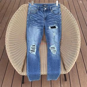 Designerkleidung Amires Jeans Denim-Hosen Amies High Street Blue Cow Collated Leather Washed Old Knife Cut Hole Jeans Slim SLP-Hosen Fashion Men Beggar Pants Distres