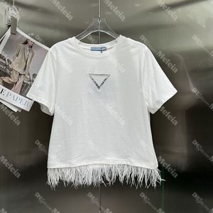 Women T Shirts for Feather Letter Embroidery T Shirt Cotton Lady Tops Hollow Lace Triangle Badge Tees for Female