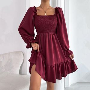 Casual Dresses 2023 Elegant Princess Dress for Women Solid High midja Sweet Female Party Long Sleeve Midi Fairy Korean