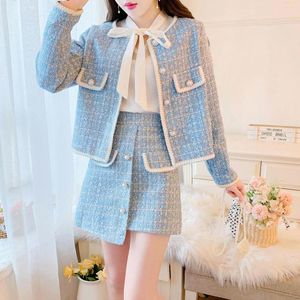 Work Dresses Elegant Blue/Black Tweed Suits For Women High Quality Pearl Button Embroidery Short Coat Irregular Skirts Two Piece Crop Top