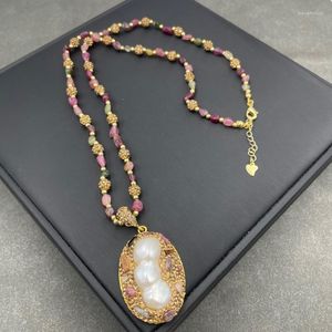 Pendant Necklaces Natural Baroque Freshwater Pearl Charm Necklace Amethyst Tourmaline Stone Strand Chain Exquisite Jewelry Women's