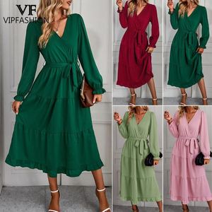 Casual Dresses VIP FASHION Summer Women's Long Dress Swing Green Pink Red Bandage Blouse Top Sexy Slim Woman Clothing