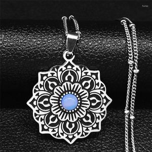 Collane con ciondolo Fiore della vita Collana con dichiarazione in pietra di luna in acciaio inossidabile Donna Gioielli con ciondoli color argento nero Collier N7566S04