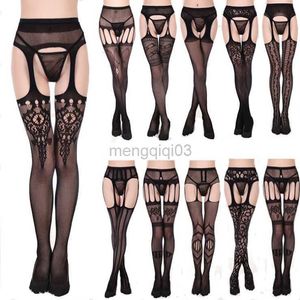 Socks Hosiery Women's Sexy Suspenders Open Crotch High Waisted Net Crotchless Pantyhose Garter Seamless Fishnet Panty Plus Size Tights Y23