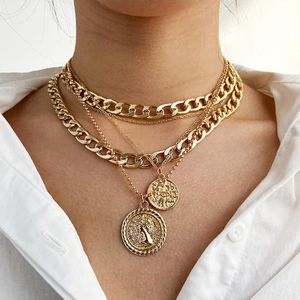 Pendant Necklaces High Quality Punk Gold Color Coin Necklace Multilayer Metal Chain Portrait Chunky Statement Jewelry Accessories