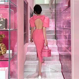 Vestidos casuais HeyDress Women Women Rink Puff Sleeve Backless Vestido com Big Bow fêmea de cintura alta Slit Slit Maxi coreano