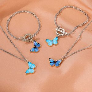 Necklaces Blue Butterfly Pendant Wide Geometric Chain Female Punk Street Link Bracelet Girl Party Jewelry Gift G220524