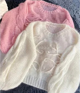 23-autumn kvinnors tröjor och vinterblus kvinnors högkänsla temperament franska minoritet rosa tröja retro japansk lat lös slitage