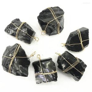 Pendant Necklaces Handmade Wire Wrap Natural Obsidian Raw Stone Crystal Jet Ore Radiation Protection Craft Jewelry