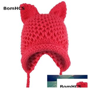 Beanie/Skull Caps Bomhcs 22 Colors Very Cute Ears Hat 100% Hand Made Cold Weather Knitted Warm Ear Beanie Factory Price Expe Dhgarden Dhh1O