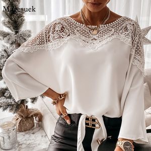 New Crochet Embroidery Lace Blouses Women Autumn Lace Stitching White Shirts Vintage Elegant Ladies Tops Blusas