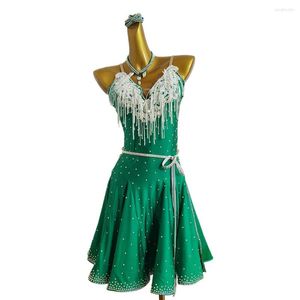 Scen Wear Latin Dance Dress High-End Custom Full Diamond Suspender Sequin Chain Kjol Cha Tango Professional Clothing