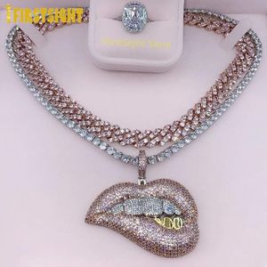 Halsketten Ton Farbe Micro Pave Rosa Zirkonia Tropfen Lip Anhänger Halskette Iced Out Bling 5mm CZ Tennis Kette für Frauen Hiphop Schmuck