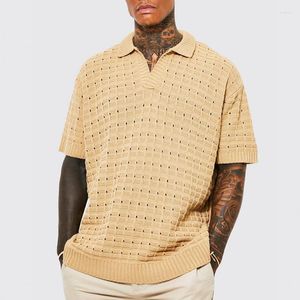 Suéteres Masculinos Camisa Polo Solta Masculina Tricotada Manga Curta Camiseta Casual Decote em V