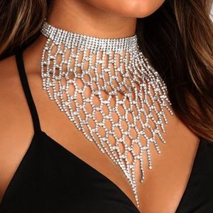 Halsband lyxiga strass flerskiktsmask brud Big choker halsband för kvinnor glänsande kristall lång tofs bröllop krage choke smycken