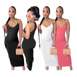 2023 Designer Sexy Dresses Summer Women Sleeveless Bodycon Dress Casual Solid V Neck White Black Long Dress Y2K Streetwear Bulk Items Wholesale Clothes 9899