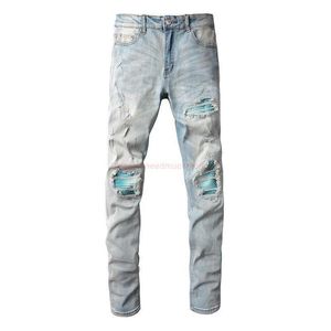 Designer Clothing Amires Jeans Denim Pants Fashion Brand Amies Light Blue Wash Water Made Old Torn Jeans Men Bright Blue Patch Youth Elastic Fit Ins Small Feet Distres