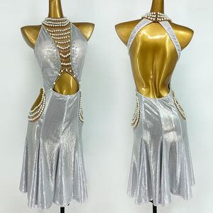 Scen Wear Latin Dance Competition Dress Silver High End Pearl Crystal Backless Sexy Women Girls Prom Compuume BL6587