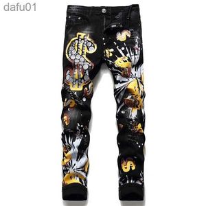 Męskie dżinsy męskie dżinsy modne ikona ikona pieniędzy drukowane czarne złote cztery sezon 2021 Slim Fit Pants Hip Hop Dance Party Denim Fashion x0621 L230520