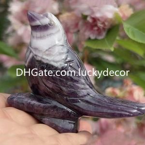 Hand snidad dröm Chevron Amethyst Bird Sculpture Art Spiritual Mineral Stone Sparrows Figurin Natural Quartz Crystal Gemstone Animal Statue Gift för henne och barn