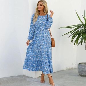 Casual Dresses Elegant Floral Printed Women Dress Spring Summer O Neck Long Sleeve High Waist Chiffon A Line Maxi Party Vestidos