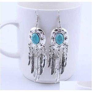 Charm Womens Feather Tassel Tibetan Sier Turquoise Earrings Gstqe038 Fashion Gift National Style Women Diy Earring Drop Delivery Jewe Dhda2