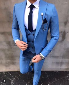 Abiti da uomo Azzurro per uomo Custom Made Risvolto con visiera Sposo Wedding Blazer 3 pezzi Set Skinny One Button Costume Homme