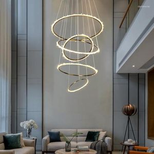 Lampadari Luci Lusso Duplex Edificio Cristallo Soggiorno Scala Dorata Moderna Forma Semplice Cerchio Lampada Circolare Illuminazione