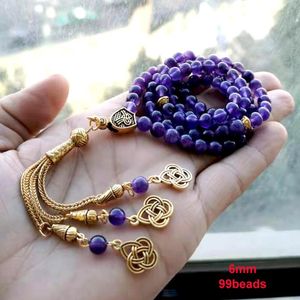 Bangle Tasbih 2021 Natural Roxo Ametistas 99 Beads Pulseira Islâmica Eid Presente Borla de Ouro para Mulheres Rosário Bead Muçulmano Turco Jóias