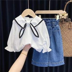 Kläderuppsättningar hösten 2023 Fashion Suit For Girls Little Girl Navy Collar Shirt Wide-Ben Jeans Two-Piece Kids Casual College Style kläder